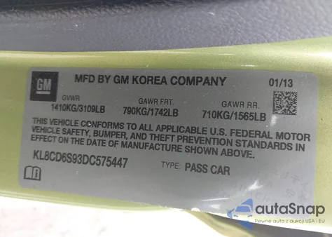 2013 Chevrolet Spark 1Lt Auto from USA, damaged, VIN KL8CD6S93DC575447